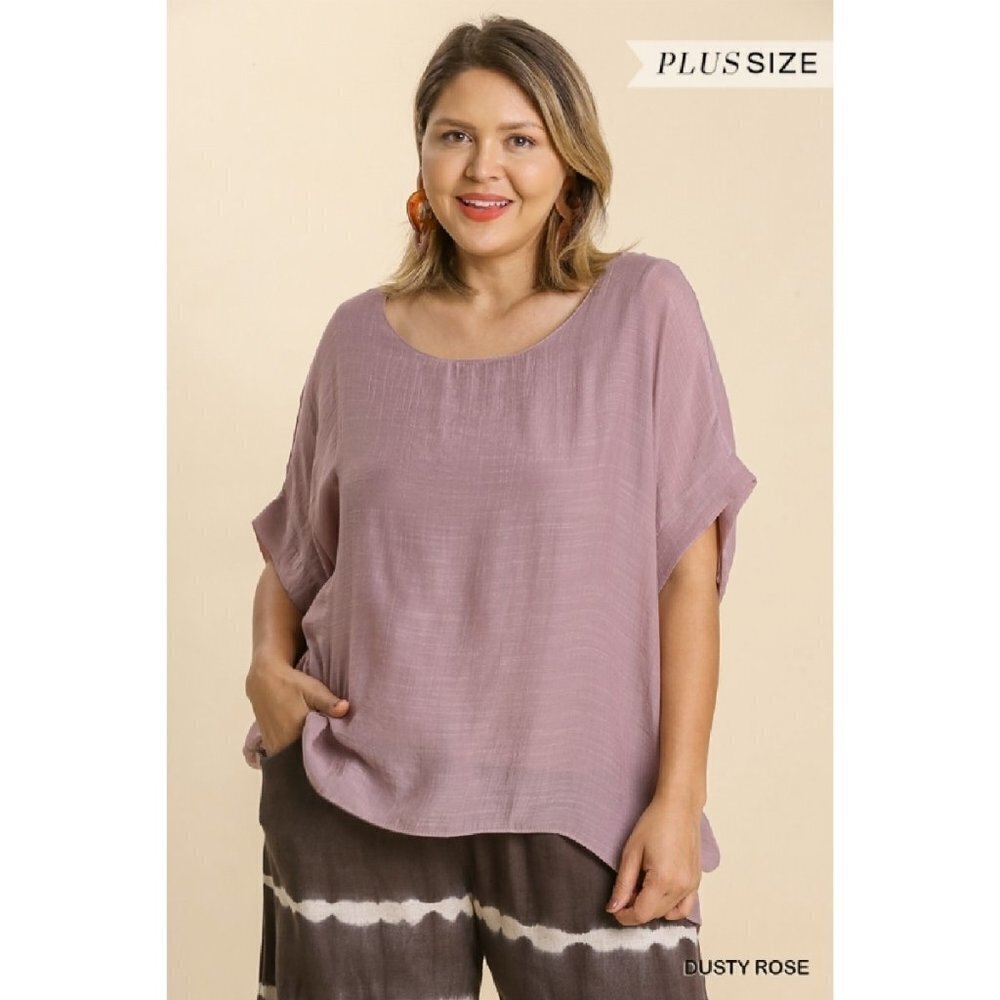 🎈Nwt Umgee Plus Dusty Rose Short Dolman Sleeve Sheer Rounded Neck Lining Top